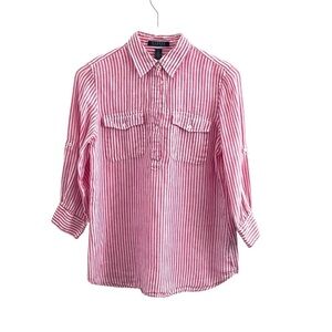 Ralph Lauren 100% Linen Pink/White Striped Relaxed Blouse 3/4 Sleeves Size S